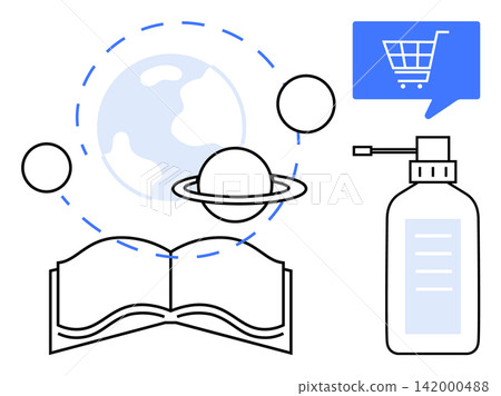 Education, e-commerce, global learning, knowledge sharing, online shopping, sustainability. Open book with planets orbiting and a shopping cart speech bubble next to a sanitizer bottle. Education Education, e-commerce, global learning, knowledge sharing, online shopping, sustainability. Open book with planets orbiting and a shopping cart speech bubble next to a sanitizer bottle. Education 142000488