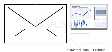 Email campaigns, analytics, data tracking, business growth, communication, marketing tools. Envelope icon beside digital analytical dashboard. Email campaigns and analytics concepts Email campaigns, analytics, data tracking, business growth, communication, marketing tools. Envelope icon beside digital analytical dashboard. Email campaigns and analytics concepts 142000490