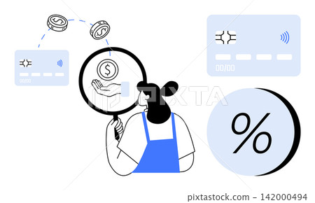 Online payments, financial analysis, cashless transactions, fintech concepts, banking solutions, personal finance. Woman holding a magnifying glass analyzing credit cards, coins, and percentage 142000494