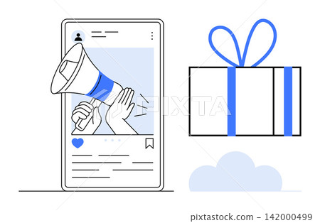 Online advertising, marketing campaigns, digital promotions, e-commerce, branding, social networking. Smartphone with megaphone, gift box icon. Marketing campaigns and digital promotions concept Online advertising, marketing campaigns, digital promotions, e-commerce, branding, social networking. Smartphone with megaphone, gift box icon. Marketing campaigns and digital promotions concept 142000499