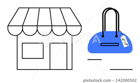 E-commerce, retail shopping, sales promotion, fashion retail, product marketing, consumer goods. Outline of a storefront and handbag with a price tag. E-commerce and retail shopping concept E-commerce, retail shopping, sales promotion, fashion retail, product marketing, consumer goods. Outline of a storefront and handbag with a price tag. E-commerce and retail shopping concept 142000502