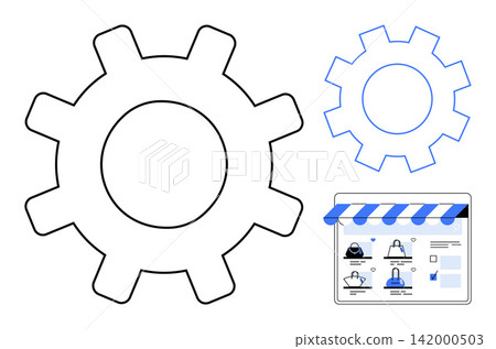 E-commerce, digital tools, technology development, online business, configuration, marketing. Illustration displays a gear with an online storefront interface. E-commerce and digital tools theme E-commerce, digital tools, technology development, online business, configuration, marketing. Illustration displays a gear with an online storefront interface. E-commerce and digital tools theme 142000503