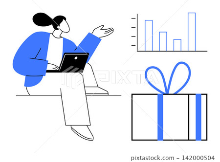 Business strategy, workplace incentives, employee recognition, growth, productivity, achievement. Woman holding laptop, chart indicating growth gift box rewards. Business strategy and workplace Business strategy, workplace incentives, employee recognition, growth, productivity, achievement. Woman holding laptop, chart indicating growth gift box rewards. Business strategy and workplace 142000504