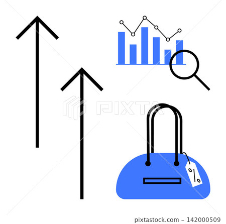 Economic growth, market trends, sales analytics, retail strategies, business performance, consumer behavior. Blue bag with price tag, arrows and data chart with magnifying glass. Economic growth Economic growth, market trends, sales analytics, retail strategies, business performance, consumer behavior. Blue bag with price tag, arrows and data chart with magnifying glass. Economic growth 142000509