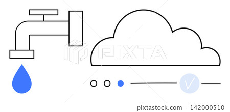 Cloud computing, data storage, internet security, sustainability, technology, network verification. Minimal graphics showing faucet, water drop cloud and verification mark. Data storage Cloud computing, data storage, internet security, sustainability, technology, network verification. Minimal graphics showing faucet, water drop cloud and verification mark. Data storage 142000510
