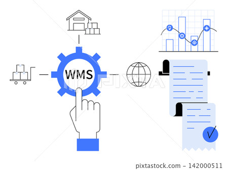 Logistics management, inventory control, supply chain efficiency, automation, data analytics, global trade. Gear labeled WMS connected to charts and documents. Logistics management and inventory Logistics management, inventory control, supply chain efficiency, automation, data analytics, global trade. Gear labeled WMS connected to charts and documents. Logistics management and inventory 142000511