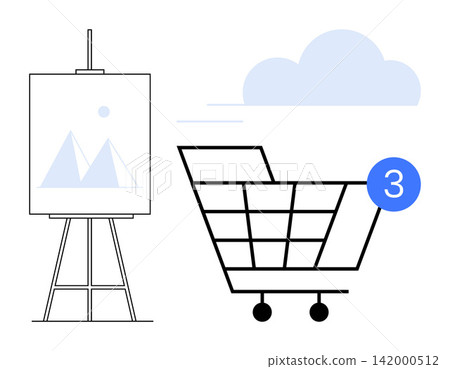 E-commerce, online shopping, creative projects, notifications, digital workflow, cloud storage. A shopping cart with a notification icon beside an art canvas and a cloud. E-commerce and creative E-commerce, online shopping, creative projects, notifications, digital workflow, cloud storage. A shopping cart with a notification icon beside an art canvas and a cloud. E-commerce and creative 142000512