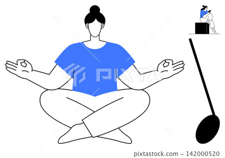 Mindfulness, yoga, meditation, mental health, self-care, inner balance. Woman in yoga pose with isolated figure on a seesaw. Meditation and mindfulness concepts through posture and symbolism Mindfulness, yoga, meditation, mental health, self-care, inner balance. Woman in yoga pose with isolated figure on a seesaw. Meditation and mindfulness concepts through posture and symbolism 142000520