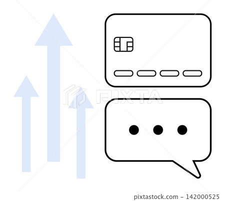 Digital payment, communication, e-commerce, online transactions, fintech, financial growth. Credit card with speech bubble and arrows. Digital payment and communication concept 142000525