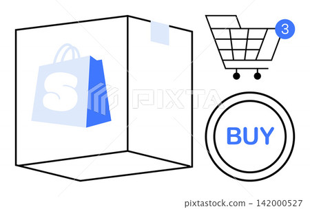 Online shopping, e-commerce, retail business, technology integration, consumer purchasing, internet transactions. Shopping bag, cart and buy button icon. Online shopping and e-commerce concept Online shopping, e-commerce, retail business, technology integration, consumer purchasing, internet transactions. Shopping bag, cart and buy button icon. Online shopping and e-commerce concept 142000527