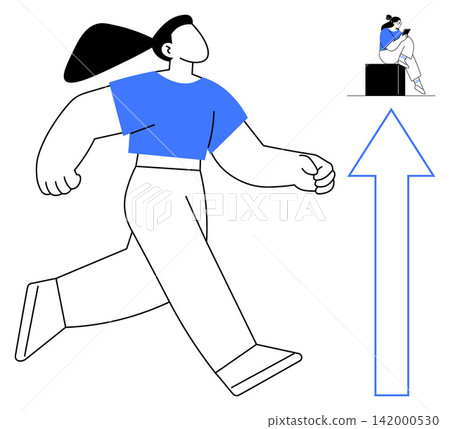 Personal growth, ambition, determination, success, self-improvement, progress. A large person striding forward and an upward arrow beside a seated, pensive figure. Personal growth and ambition Personal growth, ambition, determination, success, self-improvement, progress. A large person striding forward and an upward arrow beside a seated, pensive figure. Personal growth and ambition 142000530