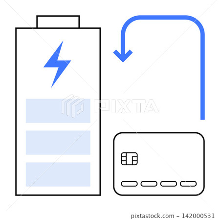 Renewable energy, wireless payment, online shopping, fintech innovation, charging solutions, eco-friendly tech. Battery icon with a bolt, digital payment card curved arrow. Renewable energy Renewable energy, wireless payment, online shopping, fintech innovation, charging solutions, eco-friendly tech. Battery icon with a bolt, digital payment card curved arrow. Renewable energy 142000531
