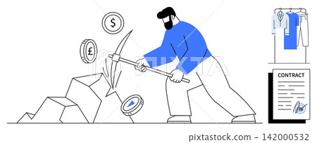 Cryptocurrency, financial investment, economic opportunities, business contracts, mining processes, digital economy. Miner extracting coins, display of contract document. Cryptocurrency and financial Cryptocurrency, financial investment, economic opportunities, business contracts, mining processes, digital economy. Miner extracting coins, display of contract document. Cryptocurrency and financial 142000532