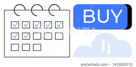 E-commerce, scheduling tools, online transactions, cloud storage, digital organization, workflow management. Calendar with checkmarks, buy button cloud sync icon. E-commerce and scheduling tools E-commerce, scheduling tools, online transactions, cloud storage, digital organization, workflow management. Calendar with checkmarks, buy button cloud sync icon. E-commerce and scheduling tools 142000533