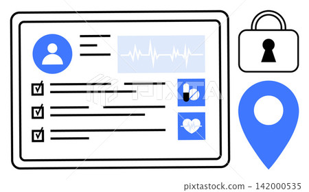 Healthcare data management, cybersecurity, telemedicine, personal records, digital privacy, location tracking. Medical profile, heart rate chart lock and map pin icons. Healthcare and cybersecurity Healthcare data management, cybersecurity, telemedicine, personal records, digital privacy, location tracking. Medical profile, heart rate chart lock and map pin icons. Healthcare and cybersecurity 142000535