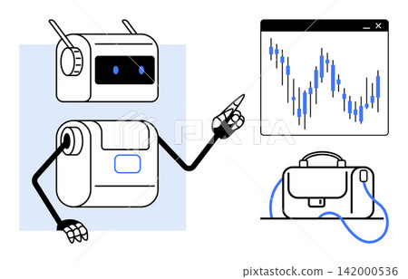 Artificial intelligence, finance, business strategy, robotics, data analysis, innovation. AI robot pointing at a financial chart. Artificial intelligence and finance-themed concept Artificial intelligence, finance, business strategy, robotics, data analysis, innovation. AI robot pointing at a financial chart. Artificial intelligence and finance-themed concept 142000536