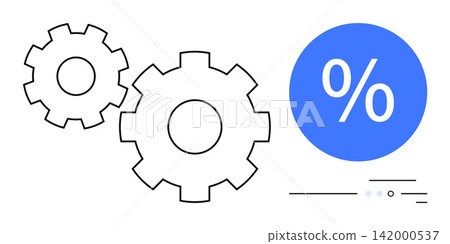 Workflow, business efficiency, optimization, technology, engineering, mechanisms. Two mechanical gears next to a percentage sign in a blue circle. Workflow and business efficiency theme Workflow, business efficiency, optimization, technology, engineering, mechanisms. Two mechanical gears next to a percentage sign in a blue circle. Workflow and business efficiency theme 142000537