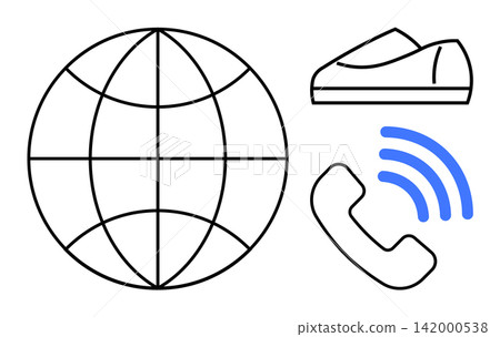 Communication, technology, connectivity, telecommunication, wireless solutions, global outreach. Minimalist style globe, phone with signal and shoe. Communication solutions and technology concept Communication, technology, connectivity, telecommunication, wireless solutions, global outreach. Minimalist style globe, phone with signal and shoe. Communication solutions and technology concept 142000538