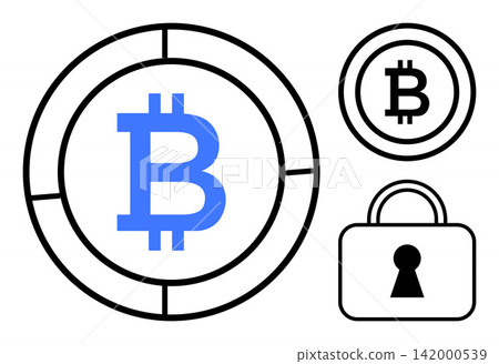 Digital finance, cryptocurrency security, blockchain technology, data protection, financial encryption, virtual currency. Blue Bitcoin symbol and lock icon. Cryptocurrency and blockchain concept Digital finance, cryptocurrency security, blockchain technology, data protection, financial encryption, virtual currency. Blue Bitcoin symbol and lock icon. Cryptocurrency and blockchain concept 142000539