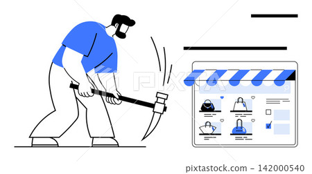 Cybersecurity, online shopping security, e-commerce, digital threats, hacking, data theft. A man wielding a pickaxe in front of an online store interface. Cybersecurity and online shopping security Cybersecurity, online shopping security, e-commerce, digital threats, hacking, data theft. A man wielding a pickaxe in front of an online store interface. Cybersecurity and online shopping security 142000540