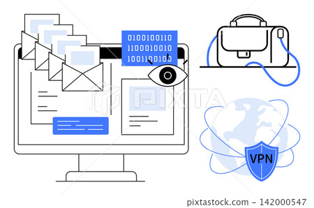 Online security, VPN protection, privacy, data encryption, email security, secure communication. A computer with files, an encrypted globe and a VPN shield. Online security and VPN protection 142000547