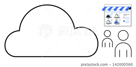 E-commerce, cloud services, online collaboration, digital marketplace, user interaction, internet applications. A cloud icon, storefront and users. Cloud services and e-commerce concept E-commerce, cloud services, online collaboration, digital marketplace, user interaction, internet applications. A cloud icon, storefront and users. Cloud services and e-commerce concept 142000560