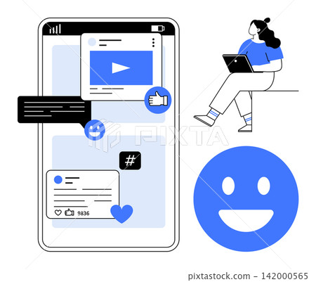 Social media, online communication, digital engagement, user interface, trends, content sharing. a smartphone with icons, reactions and a person using a laptop. Social media and online communication 142000565