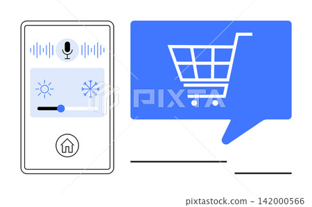 Smart homes, e-commerce, voice recognition, automation, digital technology, user interface. Smartphone with voice assistant and shopping cart icon. Smart homes and e-commerce concepts Smart homes, e-commerce, voice recognition, automation, digital technology, user interface. Smartphone with voice assistant and shopping cart icon. Smart homes and e-commerce concepts 142000566