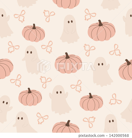 Pastel Halloween seamless pattern with ghost pumpkin and ribbon bow decor. 142000568