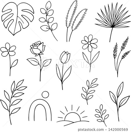 Hand drawn botanical vector icon set with flowers, leaves, branches, tropical foliage, grass, rainbow and sun symbols. Minimal black line art for natural, floral and decorative designs. Hand drawn botanical vector icon set with flowers, leaves, branches, tropical foliage, grass, rainbow and sun symbols. Minimal black line art for natural, floral and decorative designs. 142000569