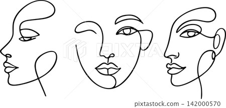 Three abstract faces drawn with one continuous line - minimalist vector art, modern design and aesthetic portrait concept. Three abstract faces drawn with one continuous line - minimalist vector art, modern design and aesthetic portrait concept. 142000570