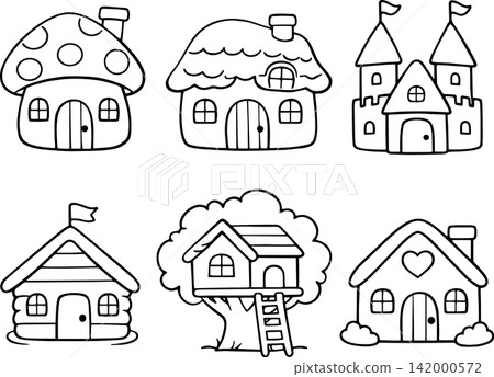 Cute hand drawn icon set of whimsical houses, cottage, castle and treehouse illustrations with simple black outlines. Cute hand drawn icon set of whimsical houses, cottage, castle and treehouse illustrations with simple black outlines. 142000572