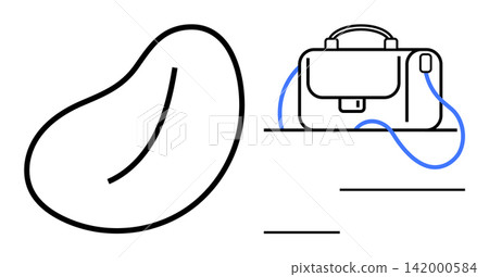 Modern design, conceptual art, product design, branding, minimalism, creativity. Abstract bean shape and outlined satchel bag with strap. Modern design and conceptual art concept Modern design, conceptual art, product design, branding, minimalism, creativity. Abstract bean shape and outlined satchel bag with strap. Modern design and conceptual art concept 142000584