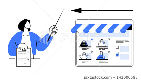 E-commerce, analytics, online shopping, business strategy, market analysis, user engagement. Person holding a document and pointing to an online store interface. E-commerce and analytics concept 142000585