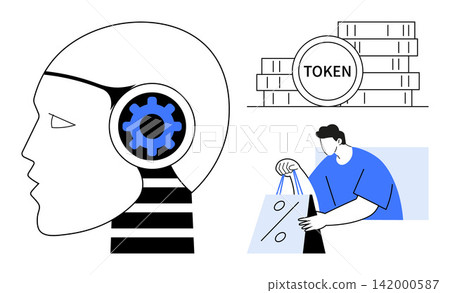 Artificial intelligence, cryptocurrency, e-commerce, digital currency, financial technology, innovation. Human head with a gear, token stacks man holding shopping bags. Artificial intelligence Artificial intelligence, cryptocurrency, e-commerce, digital currency, financial technology, innovation. Human head with a gear, token stacks man holding shopping bags. Artificial intelligence 142000587