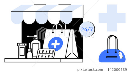 Healthcare services, online pharmacy, 24-hour access, telemedicine, medication delivery, medical convenience. Pharmacy counter, pills and bag with a medical cross. Healthcare services and online Healthcare services, online pharmacy, 24-hour access, telemedicine, medication delivery, medical convenience. Pharmacy counter, pills and bag with a medical cross. Healthcare services and online 142000589