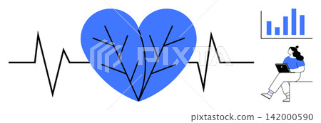 Healthcare, wellness, analytics, data tracking, fitness monitoring, digital health technology. Blue heart with ECG line, a chart and a person working on a laptop. Healthcare and wellness Healthcare, wellness, analytics, data tracking, fitness monitoring, digital health technology. Blue heart with ECG line, a chart and a person working on a laptop. Healthcare and wellness 142000590