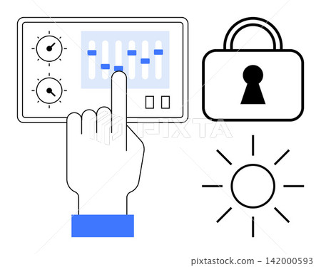 Digital security, data protection, system control, user interface, energy management, technology. Hand adjusting panel sliders, lock symbol and sun icon. Digital security and data protection concept Digital security, data protection, system control, user interface, energy management, technology. Hand adjusting panel sliders, lock symbol and sun icon. Digital security and data protection concept 142000593