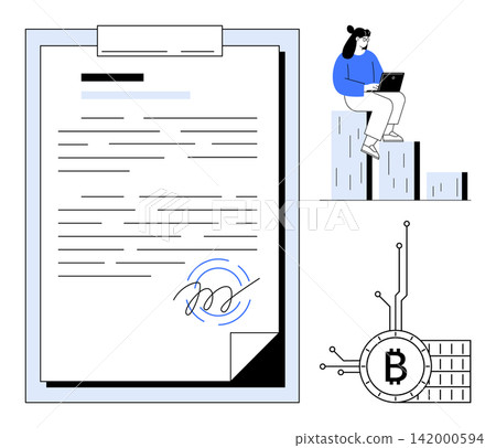 Cryptocurrency, blockchain contracts, digital agreement, finance, investment, digital signatures. Visual elements include a document with signature, bitcoin symbol, woman using a laptop 142000594