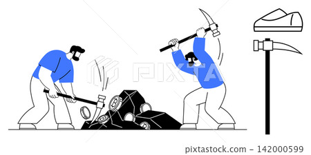 Manual labor, construction work, teamwork, physical effort, hard labor, industry. Two men breaking stones with tools. Manual labor and construction work in industrial and teamwork contexts Manual labor, construction work, teamwork, physical effort, hard labor, industry. Two men breaking stones with tools. Manual labor and construction work in industrial and teamwork contexts 142000599