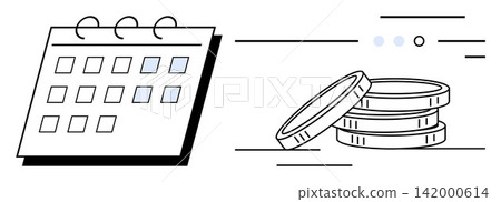 Financial planning, budgeting, savings, time efficiency, investment strategy, deadline tracking. Minimalist illustration of a calendar and stacked coins. Financial planning and budgeting concept 142000614