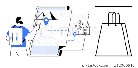 Travel planning, tourism apps, e-commerce, navigation tools, online shopping, travel accessories. Man with a backpack exploring digital maps and a shopping bag icon. Travel planning and tourism apps Travel planning, tourism apps, e-commerce, navigation tools, online shopping, travel accessories. Man with a backpack exploring digital maps and a shopping bag icon. Travel planning and tourism apps 142000615