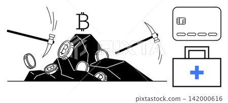 Cryptocurrency, blockchain, e-commerce, financial technology, digital payments, medical expenses. Bitcoin mining with pickaxes, credit card and medical kit various applications. Cryptocurrency Cryptocurrency, blockchain, e-commerce, financial technology, digital payments, medical expenses. Bitcoin mining with pickaxes, credit card and medical kit various applications. Cryptocurrency 142000616