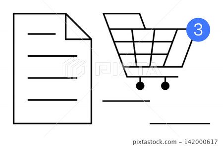 Online shopping, e-commerce, digital transactions, notifications, retail, customer service. Shopping cart with a notification and paper document icon. Online shopping and e-commerce concept Online shopping, e-commerce, digital transactions, notifications, retail, customer service. Shopping cart with a notification and paper document icon. Online shopping and e-commerce concept 142000617