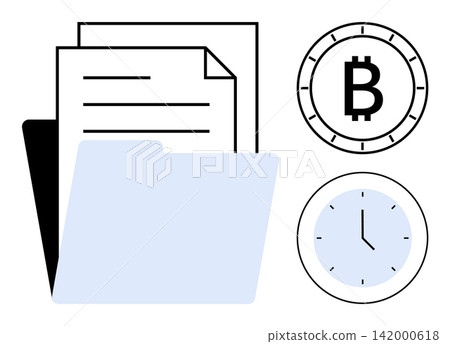 Data storage, cryptocurrency, time management, digital documentation, financial planning, office tasks. Folder and papers with Bitcoin symbol and clock. Data storage and cryptocurrency concept Data storage, cryptocurrency, time management, digital documentation, financial planning, office tasks. Folder and papers with Bitcoin symbol and clock. Data storage and cryptocurrency concept 142000618