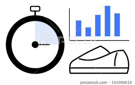 Fitness goals, performance analysis, time management, sports training, exercise planning, progress tracking. Stopwatch with graph and sneaker. Fitness goals and performance analysis focus Fitness goals, performance analysis, time management, sports training, exercise planning, progress tracking. Stopwatch with graph and sneaker. Fitness goals and performance analysis focus 142000619