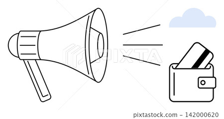 Advertising, online shopping, payment systems, digital marketing, finance, e-commerce. Megaphone projecting sound towards credit card and wallet. Advertising and e-commerce visual concept 142000620