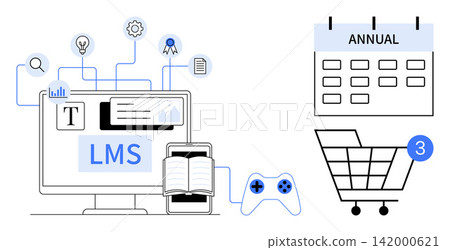 E-learning platforms, education technology, subscriptions, digital content, online courses, virtual learning solutions. Computer displaying LMS with book, calendar and shopping cart. E-learning E-learning platforms, education technology, subscriptions, digital content, online courses, virtual learning solutions. Computer displaying LMS with book, calendar and shopping cart. E-learning 142000621