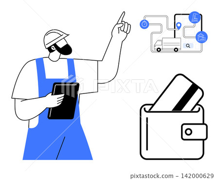 E-commerce, logistics, delivery services, online shopping, digital payment, financial technology. Worker holding a tablet and pointing to a logistics diagram with a wallet and credit card visible E-commerce, logistics, delivery services, online shopping, digital payment, financial technology. Worker holding a tablet and pointing to a logistics diagram with a wallet and credit card visible 142000629