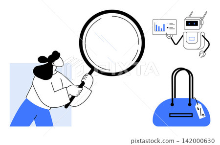 E-commerce analysis, market research, artificial intelligence, retail trends, consumer behavior, technology. Woman holding magnifying glass, robot with chart tagged handbag. E-commerce and market E-commerce analysis, market research, artificial intelligence, retail trends, consumer behavior, technology. Woman holding magnifying glass, robot with chart tagged handbag. E-commerce and market 142000630